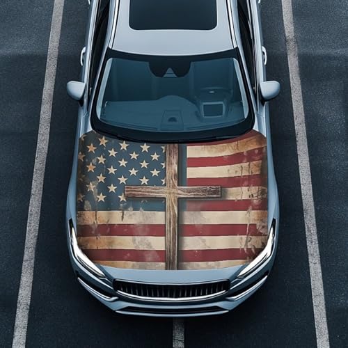 Image of Cross American Flag Pattern Car Hood Cover Stretchable American Hood Flag, 59.05 inchx39.37 inch, Premium Sublimation Print Car Hood Flag with Elastic Band