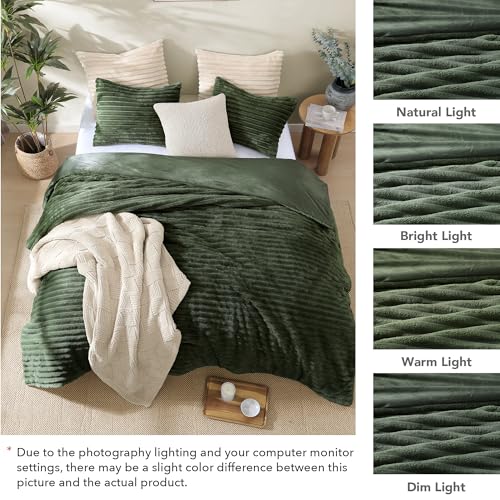 Image of Geniospin Luxury Fluffy Twin Comforter Set-2 Pieces, Olive Green Comforter Twin Size All Seasons, Faux Fur Bedding Set, Plush Fuzzy Comforter(Olive Green, 66''x86'')