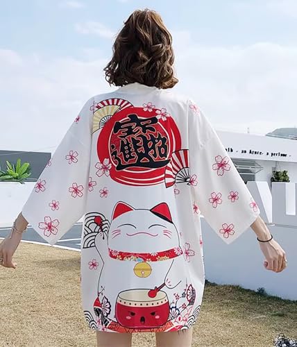 Image of LAI MENG FIVE CATS Women's Lucky Cat Cardigan Kimono Loose Cover up Casual Blouse Cute Tops