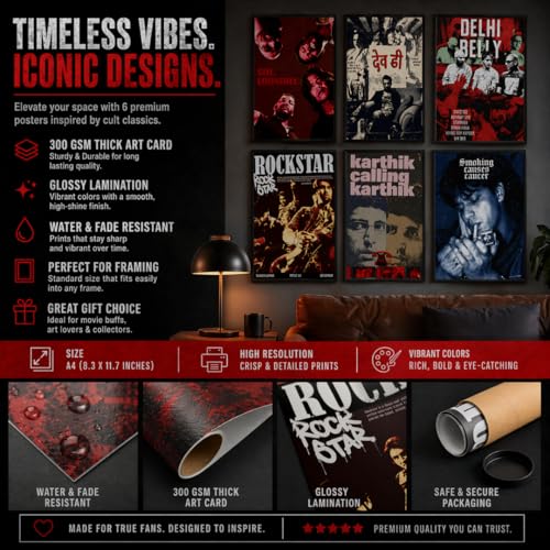 Image of Premium Bollywood Cult Classic Poster Set (Pack of 6) | A4 Size 300 GSM Art Card Posters with Glossy Lamination | Aesthetic Movie Wall Decor for Bedroom, Living Room, Studio & Gifts
