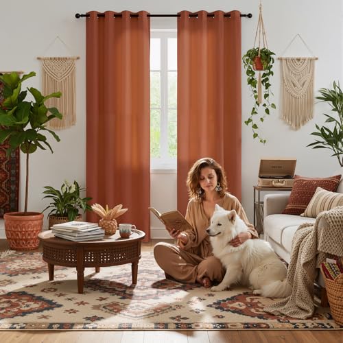 RYB HOME Burnt Orange Boho Sheer Curtains, Non See Through