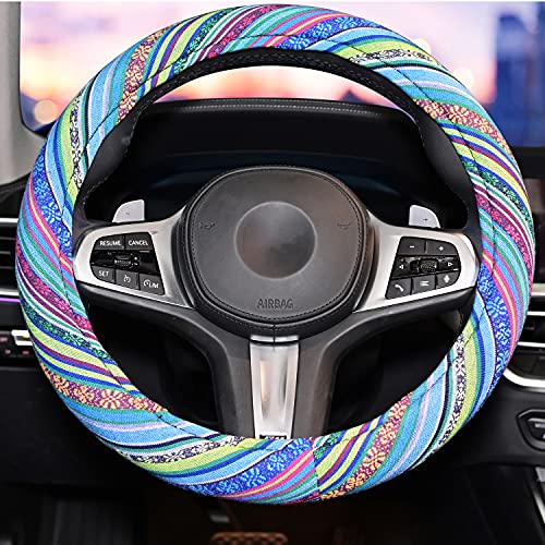 LSAUTO Universal 15inch Ethnic Style Baja Blanket Steering Wheel Cover with Coarse Flax Cloth and Sweat Absorption Anti Slip Car Wrap (Boho Blue)