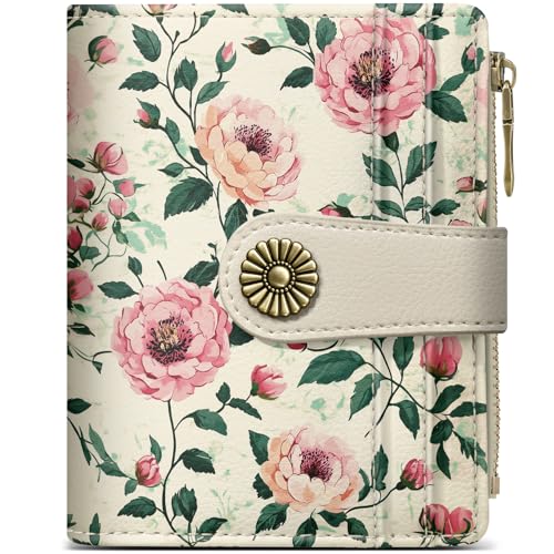 Image of Small Wallet for Women, RFID Blocking Bifold Card Holder Wallet with 10 Card Slots, Cash Compartment, Zipper Coin Pocket & ID Window, Cute Soft Vegan Leather Compact Wallet, Blush Peony