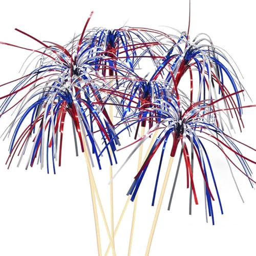 FUGUIR 100 Counts 6 Inch Firework Cocktail Picks Red White Blue Firework Party Picks Toothpicks Cupcake Toppers Drink Sticks for Fourth of July Independence Day Party Supplies