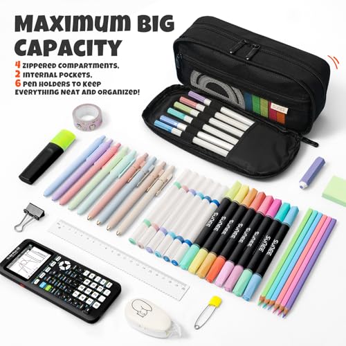 Image of SUNEE Pencil Case, Large Capacity Pencil Pouch, Extra Big Pencil Bag with 6 Compartments, Durable Canvas Pencil Box for Office Stationery Organizer, Back to School Supplies for Teen Boys Girls, Black
