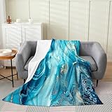 Erosebridal Marble Throw Blanket Throw 50x60,Teal Blue Marble Fleece Blanket Lightweight,Teal Gold Liquid Printed Flannel Blanket Living Room Decor,Turquoise Artwork Plush Blanket All Season