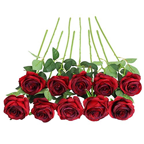 JUSTOYOU Rose Artificial Silk Flowers Bouquet Home Office Arreglos de Boda Vino Tinto (10 PCS)