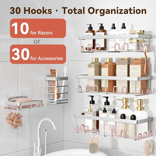 Image of YASONIC Shower Caddy Adhesive, 100% Rustproof Shower Organizer with Soap and Toothbrush Holder, Large Capacity Shower Shelves for Inside Shower, No Drill Shower Storage for Home (5 Pack Silver)