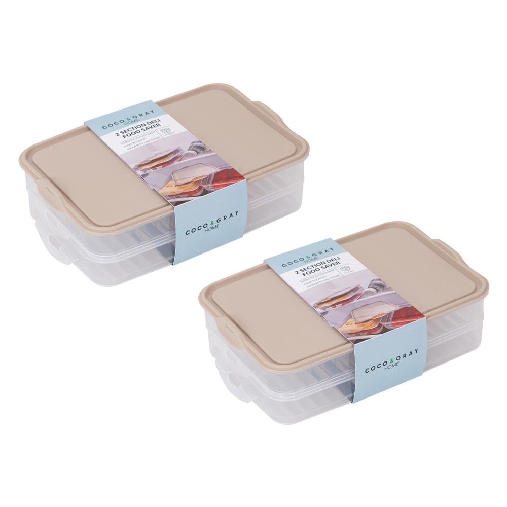 Yöl Cream, Transparent Pack Of 2-2 Section Deli Food Saver - Stackable Fridge Food Storage Container - Cooked Meats Cheese Ham Salami Bacon Chicken Leftovers - Home Kitchen Dishwasher Safe Clip On Lid