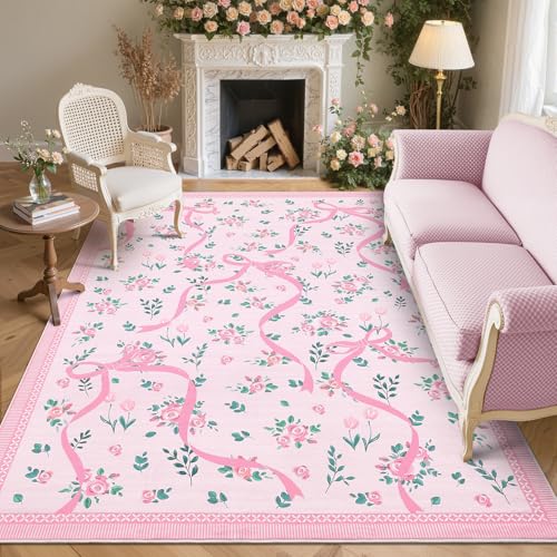 GarveeHome Coquette Pink Bow Rugs for Bedroom Girls, 5x7 Area Rugs for Living Room with Soft Low Pile, Non Slip Floral Washable Rug 5x7 for Nursery Kids Playroom Dining Room College Dorm Girl Rug