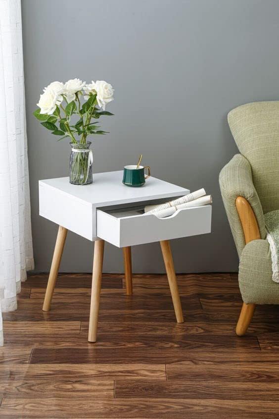 Image of UHUD CRAFTS Wooden Bedside Table with Drawer | Modern Nightstand for Bedroom | Compact Side Table with Storage | End Table for Living Room, Office & Home Decor | White Finish with Natural Wood Legs