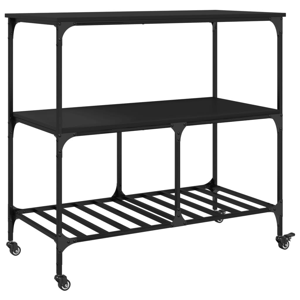 vidaXL Carrito de Cocina, Estante de Almacenaje, Carro de Servicio Comida, Carrito para Salón Baño Estudio, Madera de Ingeniería Negro