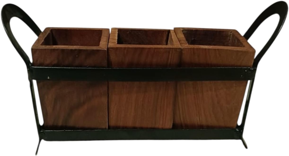 Wooden utensil Holder Set with Metal Stand 3 Square Compartments for Spoons Forks & Knives Rustic Kitchen Organizer Caddy for Dining Table & Countertop