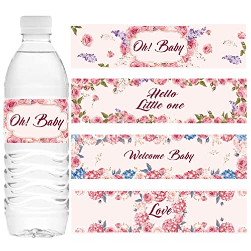 CREATCABIN 100 Pcs 4 Styles Étanche Baby Shower Bouteille D'Eau Étiquettes Rose Bouteille D'Eau Wrappers Floral Bouteille Étiquettes Unisexe Bouteille D'Eau Autocollant Étiquettes Décorations pour Bab Cover