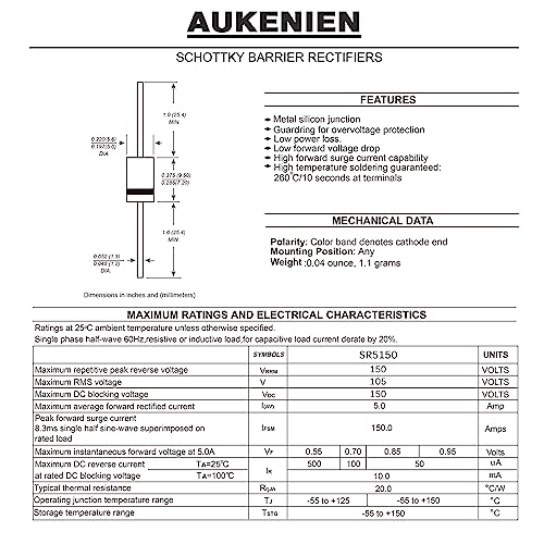 AUKENIEN SR5150 SB5150 Schottky Barrier Gleichrichter Diode 5A 150V DO-27 Axial Dioden 5 Ampere 150 Volt (Packung mit 20 Stück)