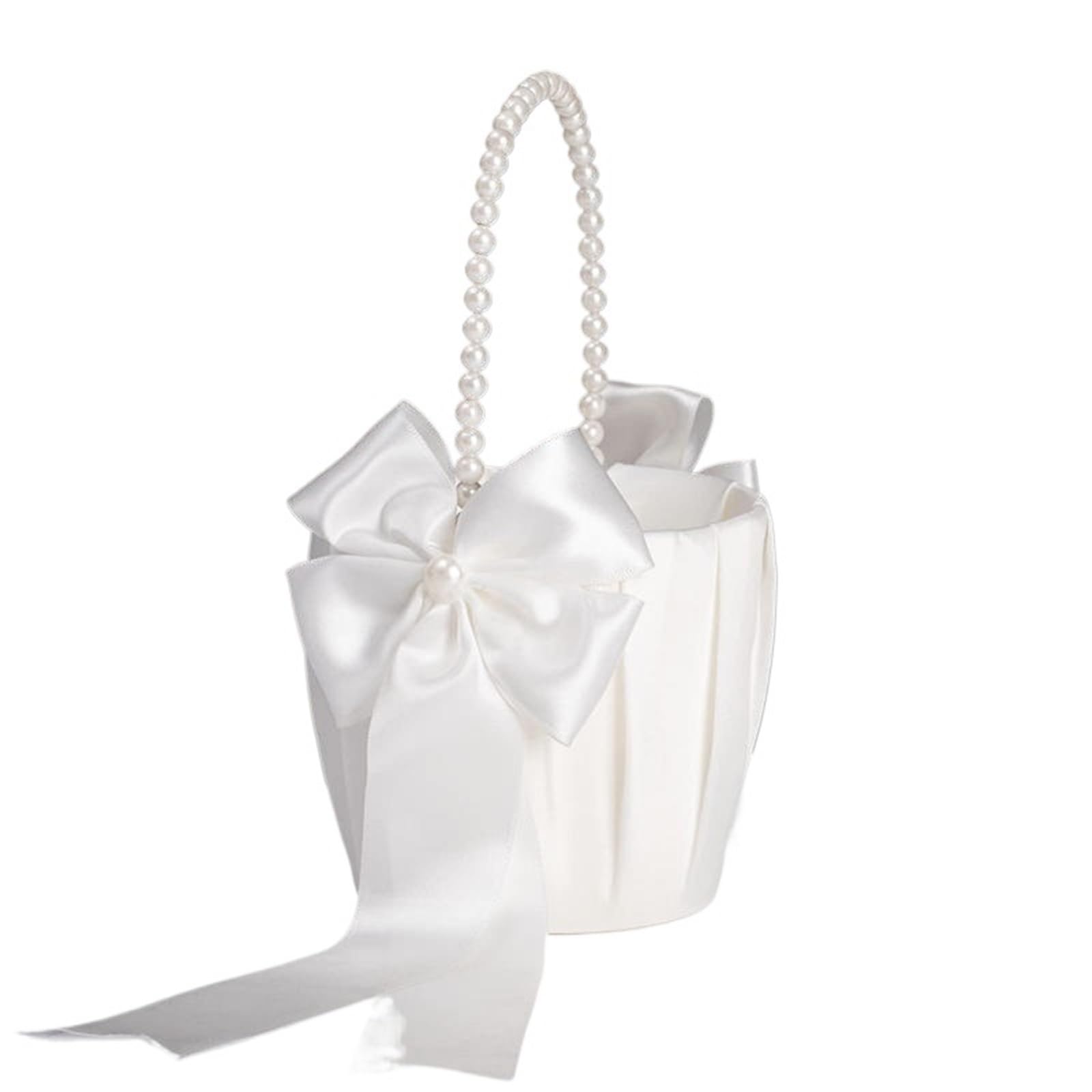 Flower Girl Bow Basket Pearl Handle Satin White