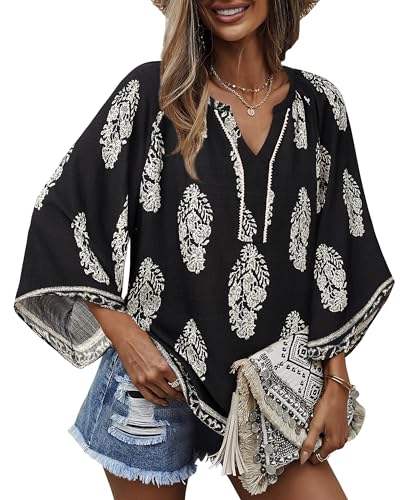VALOLIA Womens Boho Tops 3/4 Sleeve V Neck Casual Loose Fit Blouses Shirt Bohemian Vacation Clothes2