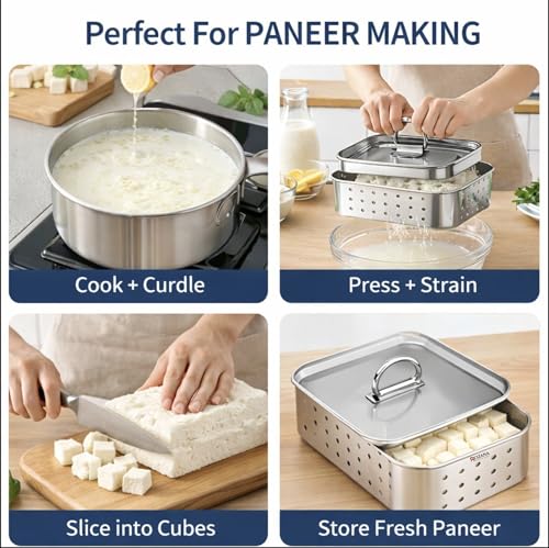 Image of Paneer Maker Stainless Steel | Paneer Press & Tofu Press | Homemade Paneer Maker | Food Grade, Rust Proof | Cheese Press, Hung Curd Maker (Small 250 ml - Suitable for 1-2 People)