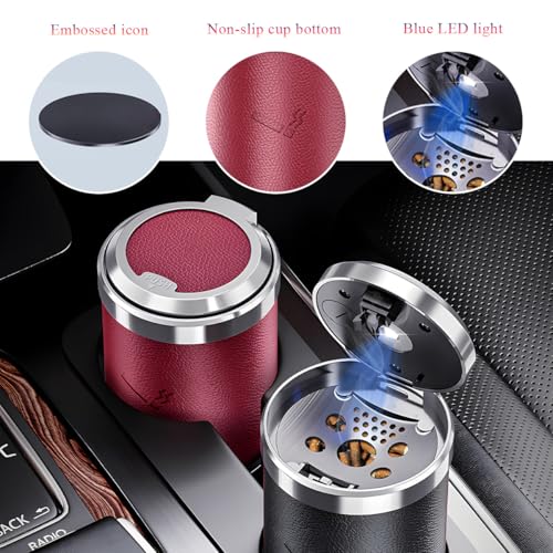 Image of Wevdn Car Ashtray with Lid, Detachable & Portable Stainless Steel Smokeless Ashtrays for Car, Mini Universal Smell Proof Windproof Car Ashtray with LED Blue Light, Car Accessories (Red)