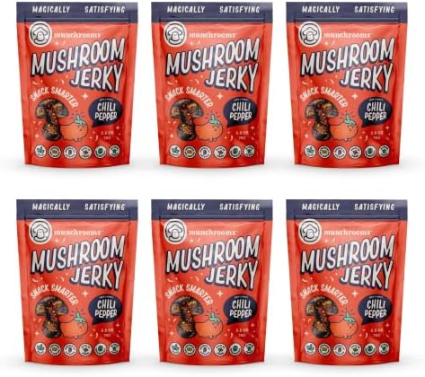 "Hot & Spicy Chili Pepper" half-dozen (100% plant-based vegan mushroom jerky) | Healthy Snacks | Plant Based Snacks | Vegan Snacks | Meatless Jerky | Shiitake Mushrooms | Non - GMO | 2.5 Oz (70g) (6 Pack)