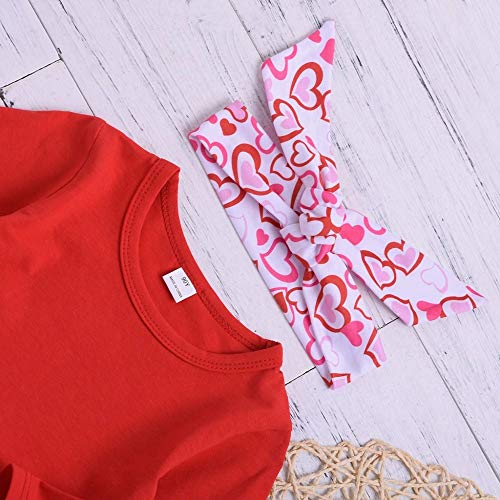 Toddler Baby Girl Valentine\'s Day Outfits Ruffle Tunic Top Dress Shirt Carriage Love Heart Print Flare Pants Clothes Set (Red-Pink Heart, 1-2T)