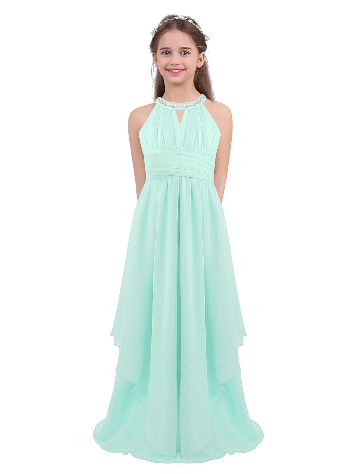 IEFIEL Vestido Princesa Niña de Las Flores Vestido Plisado de Gasa Elegante Cuello Hálter con Brillante Pedrería Vestido Ceremonia para Boda de Noche Desfile 6-16 Años