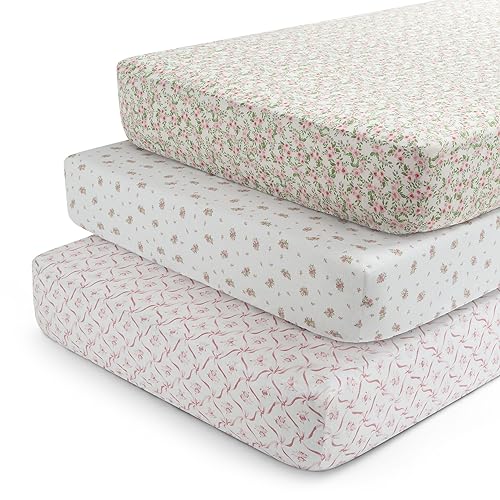 Image of Delta Children Fitted Crib Sheets for Girls and Boys - Crib Sheet for Standard Crib and Toddler Mattresses - 28x52 Inch (Pack of 3), Pink Floral