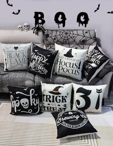 Multiwins HALLOWEEN TYPE Decorations Set Of 4 Double-Sided Print Pillow Covers 18 Inch X 18", With 8 Cute Halloween Decor Patterns, Elegant Invisible Zipper, Soft Linen Throw Pillow Covers thumb #4