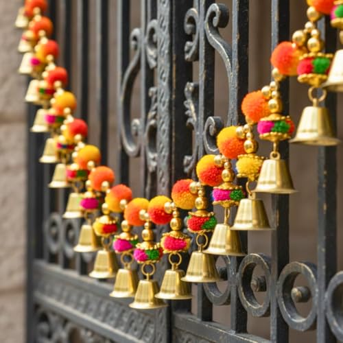 Image of Handmade Multicolor Pom Pom Bandhanwar for Main Door | Bright Traditional Toran with Bells for Door, Mandir & Pooja Room | Decorative Bandhanwar for Diwali, New Home & Festive Decor (39 Inch)