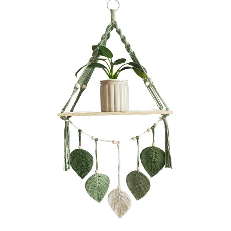 Tonsitian Makrame Wandhängeschelf 39 x 86cm Grün Boho Wandpflanzenregal mit Handgewebten Blättern, Baumwollseil Pflanzenhalter für Deko an der Wohnwand
