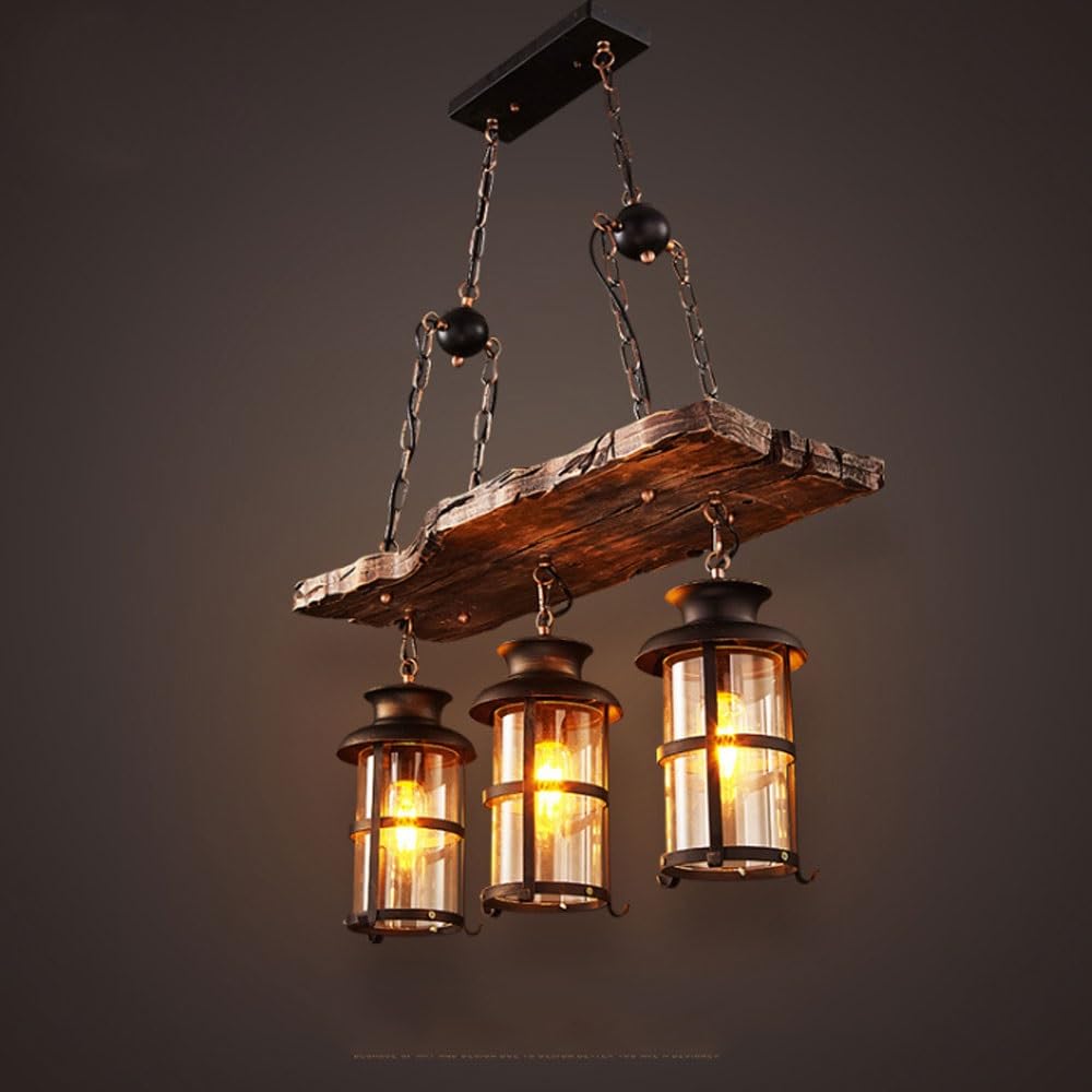 BLOOHK Industrial 3-Light Wood Pendant Light, Rustic Farmhouse Linear Chandelier with Lanterns, Vintage Distressed Wood Island Fixture for Dining Room, Bar