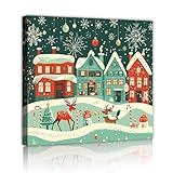 冬の村のキャンバスウォールアートクリスマスツリーとトナカイのフレームアートワークプリント漫画のお祝いの雪のシーンホームウォールデコレーション70x70cmインナーフレーム