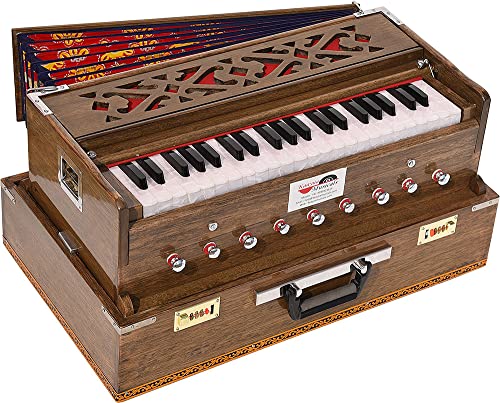 Harmonium Traveler/Portable/Folding Type By Kaayna Musicals, 9 Stops- 5 Main & 4 Drones, 3Â½ Octaves, Coupler, Dark Oak Finish, Gig Bag, Bass-Male Reed - 440 Hz, For Yoga, Bhajan, Kirtan, Vocal