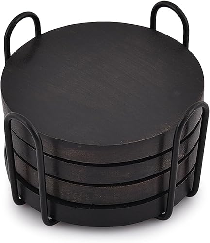 EDHAS Juego de 4 posavasos negros de madera de acacia con soporte de hierro, decoración de mesa de café, decoración de mesa (tamaño del posavasos de