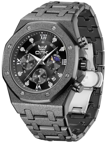 Image of OPK Men Analog Automatic Watches Waterproof Multifunction Chronograph Diamond Moon Phase Luminous Stainless Steel Band Wrist Watches