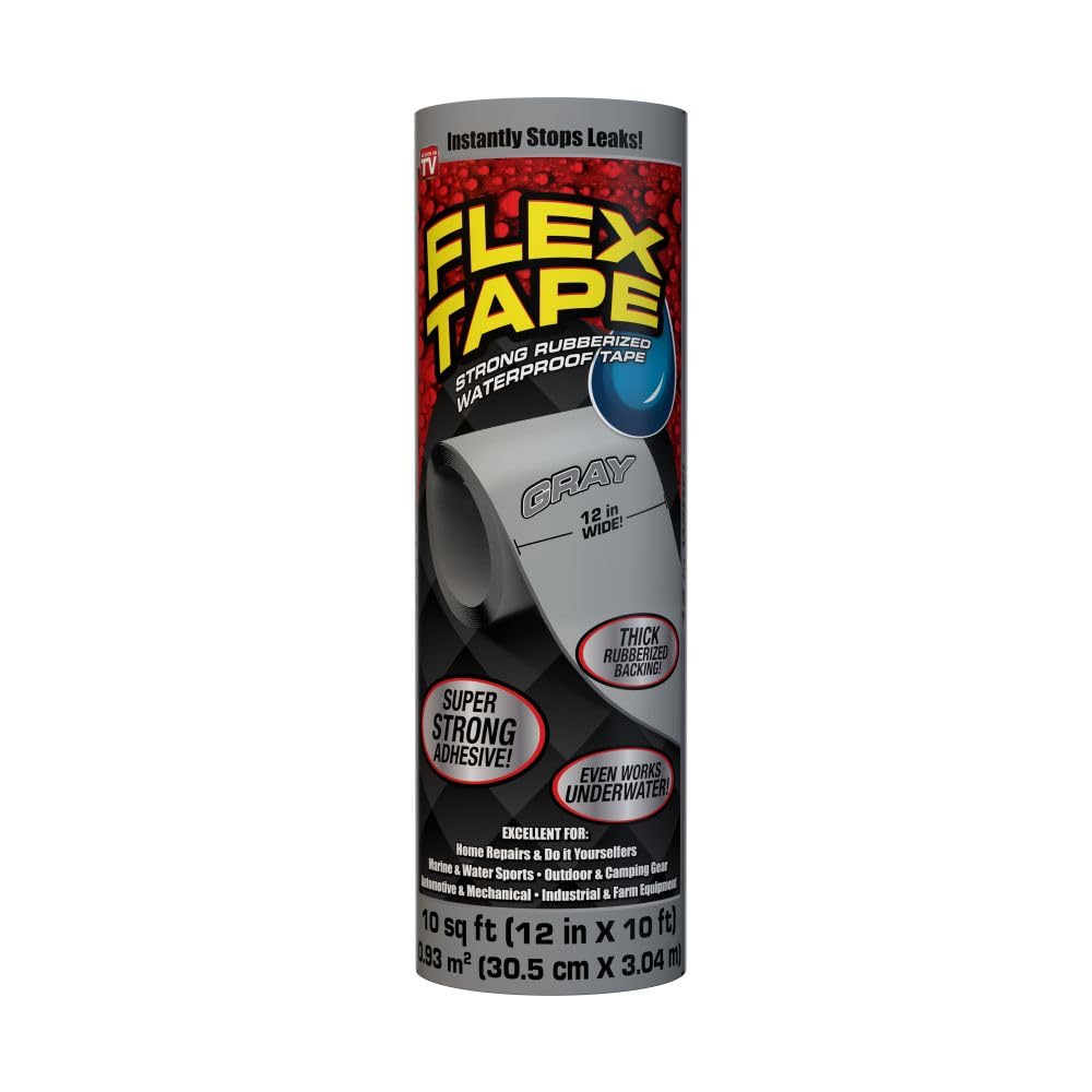 Flex Tape, Original Thick Flexible Rubberized Waterproof Tape - Seal and Patch Leaks, Works Underwater, Indoor Outdoor - Home RV Roof Plumbing and Pool Repairs, Gray, 12 in x 10 ft, Pack of 1