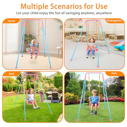 3-in-1 Toddler Swing Set, Foldable Baby Swing with Stand, Indoor & Outdoor Kids Swing Sets, Multifunctional Swings for Home Backyard, Easy to Install and Store (Blue Pink)