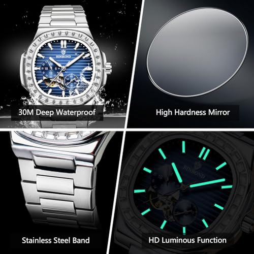 Image of BINBOND Silver Watch for Men Blue Dial Analog Quartz Stainless Steel Men Wrist Watch Diamond Day Date Luminous Mens Watches Large Wrist Classic Water Resistant Gift for Father&Husband&Friend