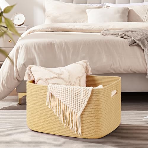 Image of OIAHOMY 75L Large Blanket Basket, Woven Cotton Rope Baskets for Organizing 22 inchx17 inchx12 inch, Blanket Basket living Room, Toy Storage Bins for Nursery, Yellow