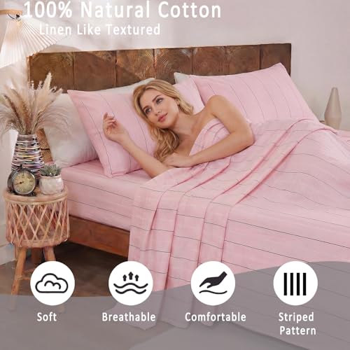 Image of Merryword Pink Pinstripe Sheet Set King Size - 100% Cotton Striped Bedding 4 Pieces, Soft Breathable Percale Weave, 17.5 inch Deep Pocket, Luxury Linen Like, All Season Comfort