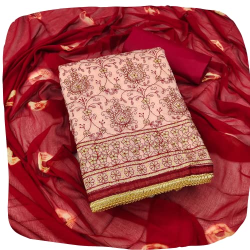 Image of EthnicJunction Women's Chanderi Cotton Hand Embroidered Work Unstitched Salwar Suit Material With Banarasi Dupatta