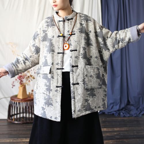 Ystylee Women Chinese Tang Suit Quilted Coat Cotton Linen Jacquard Loose Kimono Cotton Padded Jacket Outwear4