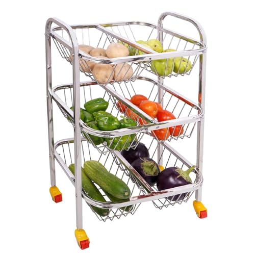 Image of Fortune Blu 3-Layer Stainless Steel Kitchen Trolley for Fruits & Vegetables | 3-Shelf Storage Basket | Onion & Potato Rack