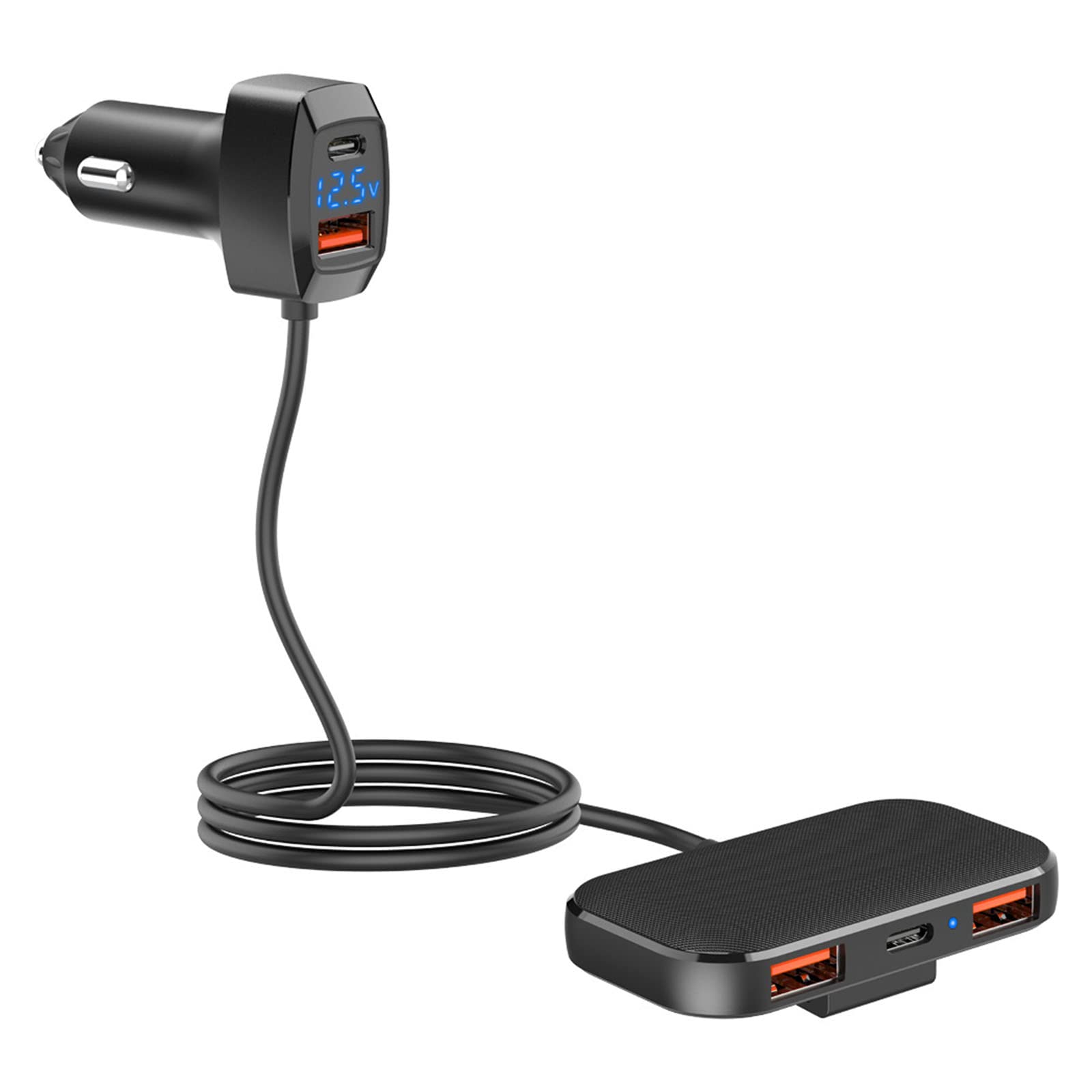 Adaptador de cargador de coche USB de 5 puertos múltiples para múltiples dispositivos, adaptador de coche con cable para carga de asiento trasero, adaptador de cargador de coche de 5 puertos