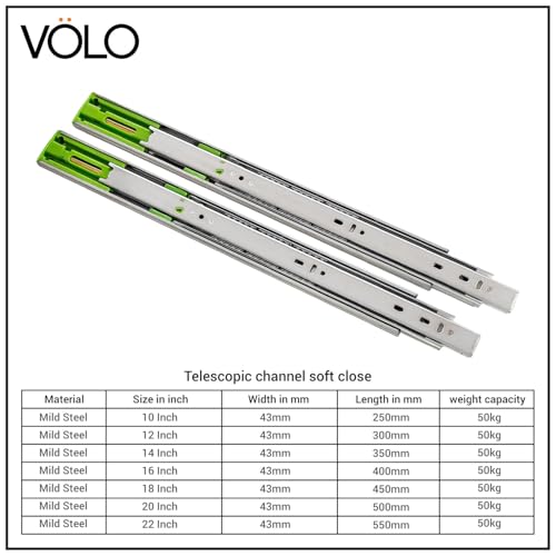 Image of Volo Heavy Duty Drawer Slides, Full Extension Ball Bearing Runners | Pack of 2 Piece | Channels for Kitchen Cabinets, Wardrobes, and Dressers (Soft Close (Mild Steel), 16 Inch)