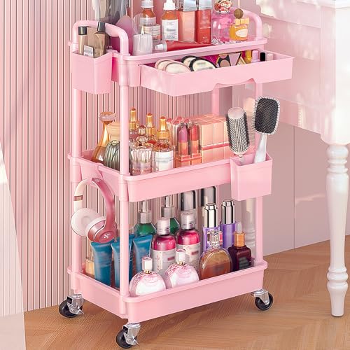 Goovilla Rolling Makeup Organizer Cart with Removable Drawer 3 Tier Stable Pink Floor Skincare Storage Cart for Vanity Cosmetic Display Nail Polish Perfume Hair Stuff Beauty Bathroom(Plastic)