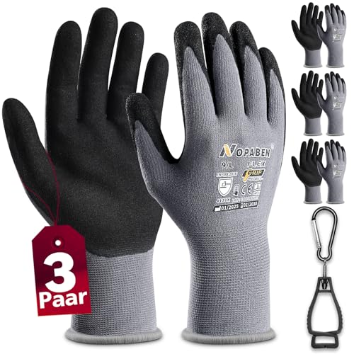 Nopaben 3 Paar Arbeitshandschuhe herren mit Rutschfest-Grip & Touchscreen für Mechaniker und Montage Optimale Griffigkeit & Feines Tastgefühl gartenhandschuhe damen Größe 9/L