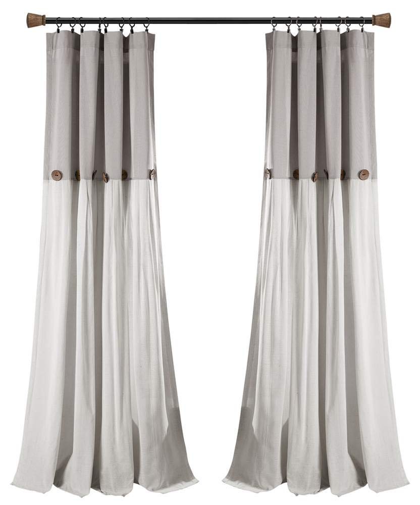 Lush Decor Button Window Curtain Single Panel, Cotton Linen Blend Exclusive Of Decoration, Gray/White, 40" W x 84" L