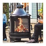 Outdoor Metal Fire Pit Chiminea for Garden, 2-in-1 Backyard Heating and Cooking Furnace, 29.53' Round Steel Wood Burning Fire Pit with Removable Cooking Grate and Spark Screen