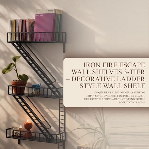 Image of Vintageware 3-Tier Iron Wall Shelf Fire Escape Ladder Design | Decorative Wall Shelves for Living Room, Bedroom & Home Decor (Black)